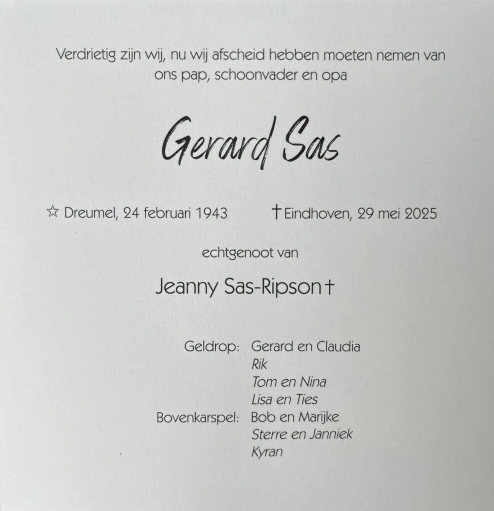 rouwbrief Gerard Sas