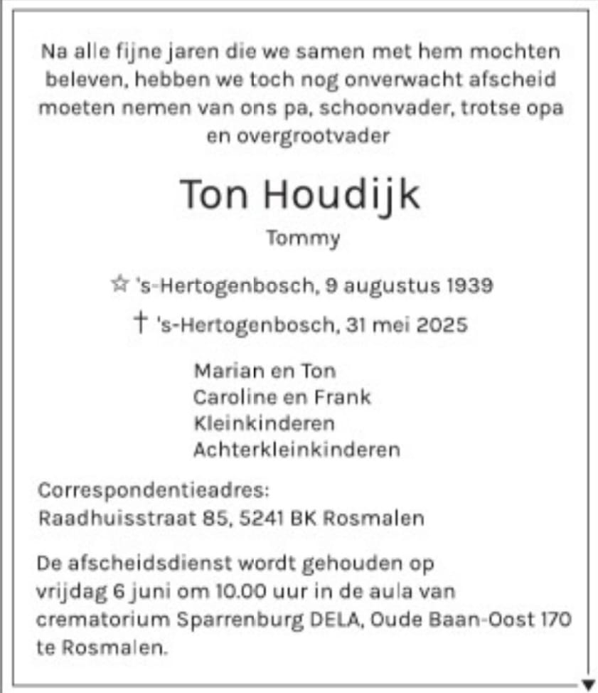rouwbrief Ton Houdijk