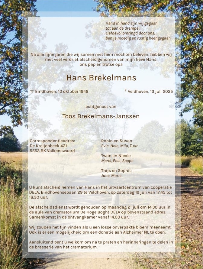 rouwkaart Hans Brekelmans