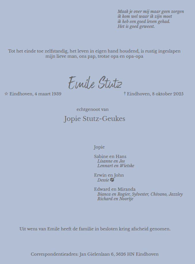 rouwbrief Emile Stutz
